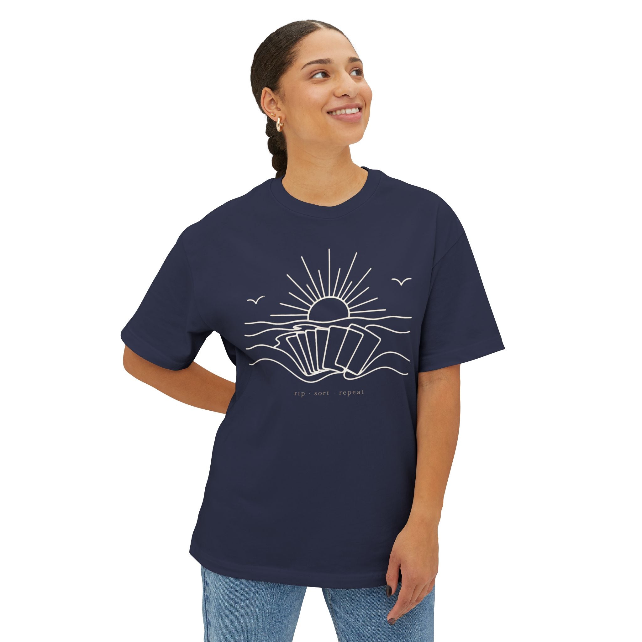 Boxy Tee — Minimal Seashell Sunrise Graphic Tee