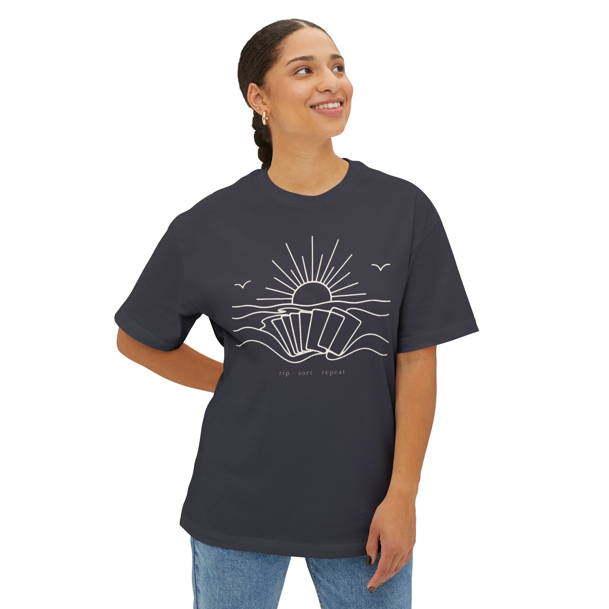 Boxy Tee — Minimal Seashell Sunrise Graphic Tee