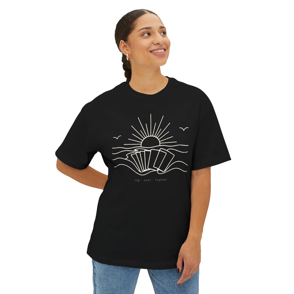 Boxy Tee — Minimal Seashell Sunrise Graphic Tee