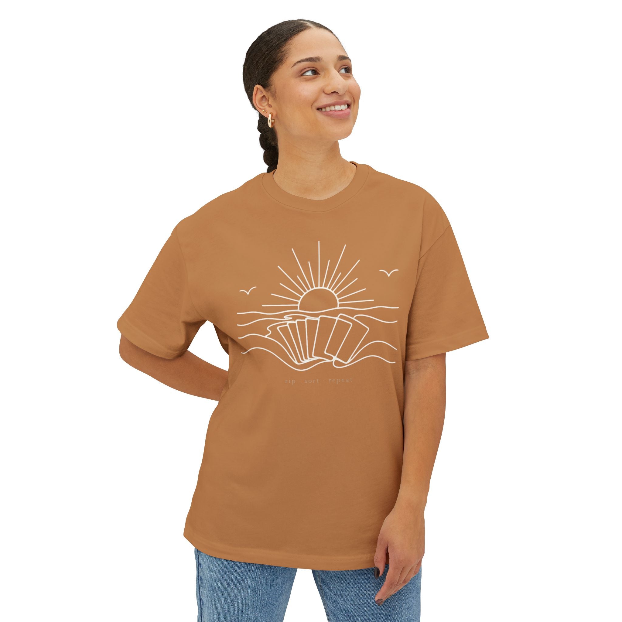 Boxy Tee — Minimal Seashell Sunrise Graphic Tee